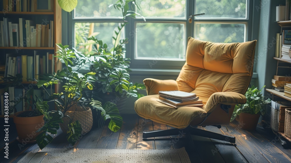 Poster A yellow chair sits in front of a window with a view of trees