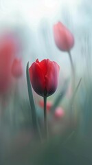 Close-up of red tulip flowers in a misty field