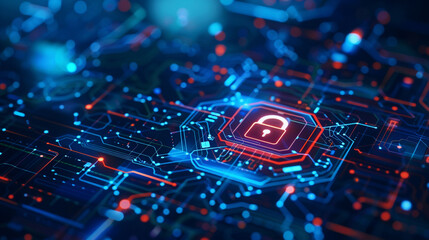 Fototapeta premium Visual representation of cybersecurity concept emphasizing user privacy security and encryption for secure internet access. Future technology and cybernetics theme with a screen padlock icon.