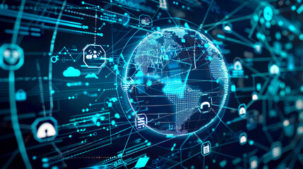 Obraz premium Visual representation of global network security featuring a secure globe surrounded by security symbols and protective barriers
