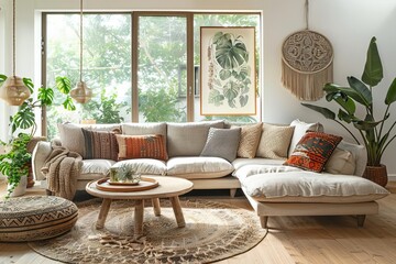 Cozy living room with modern bohemian decor including a large sectional sofa, plants, a coffee table, and wall art. Sunlit interior.