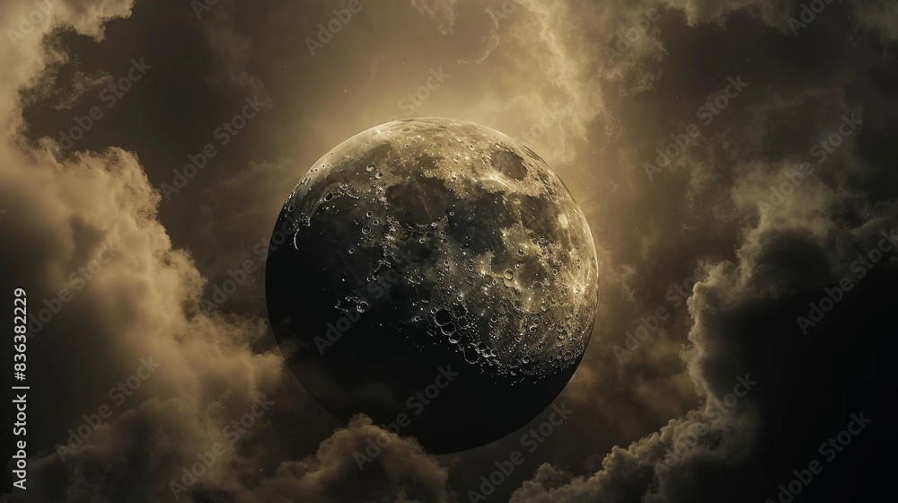 Poster a dramatic sky with clouds drifting across the moon, creating a captivating lunar spectacle