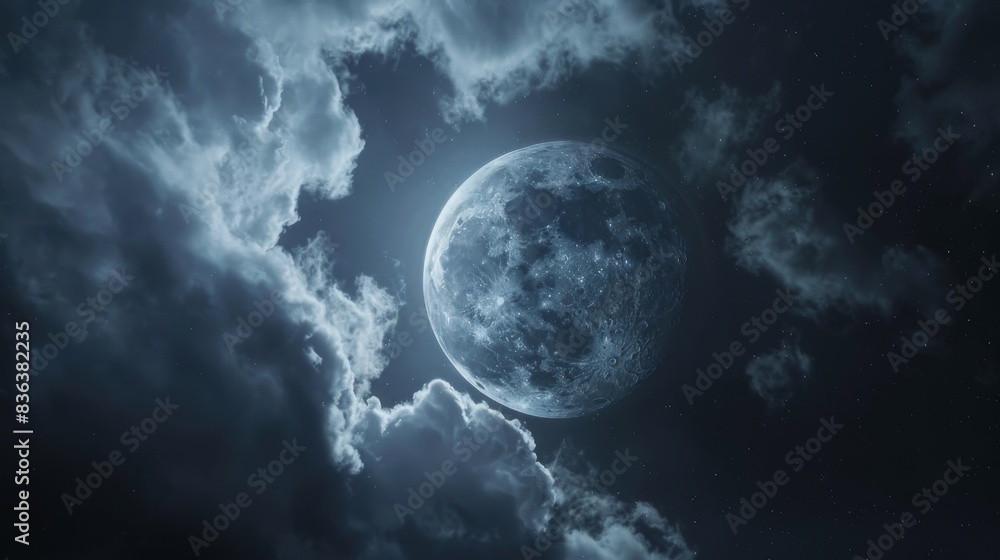 Poster a dramatic sky with clouds drifting across the moon, creating a captivating lunar spectacle