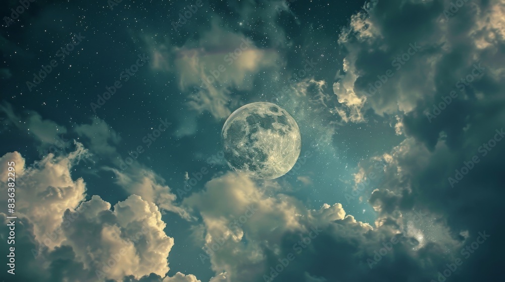 Poster a dramatic sky with clouds drifting across the moon, creating a captivating lunar spectacle