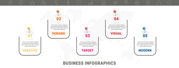 Vector modern infographic flat template pin and circles for diagram, graph, presentation. Business concept with 5 options and marks. Blank space for content, step for step, timeline, workflow