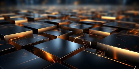 Obraz premium Gold Light Effects on Metal Background with Abstract Black Squares. Concept Gold Light Effects, Metal Background, Abstract Black Squares, Artistic Design, Unique Composition