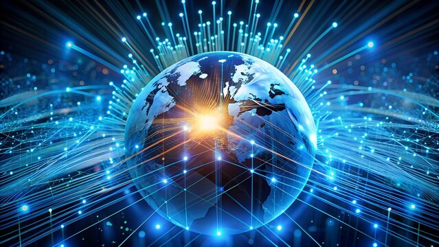 Background with glowing fiber optic connections, quantum computing network, and electronic global intelligence.