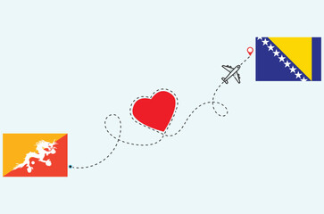 Flight and travel concept from Bhutan to Bosnia airplane travel Heart concept flags design