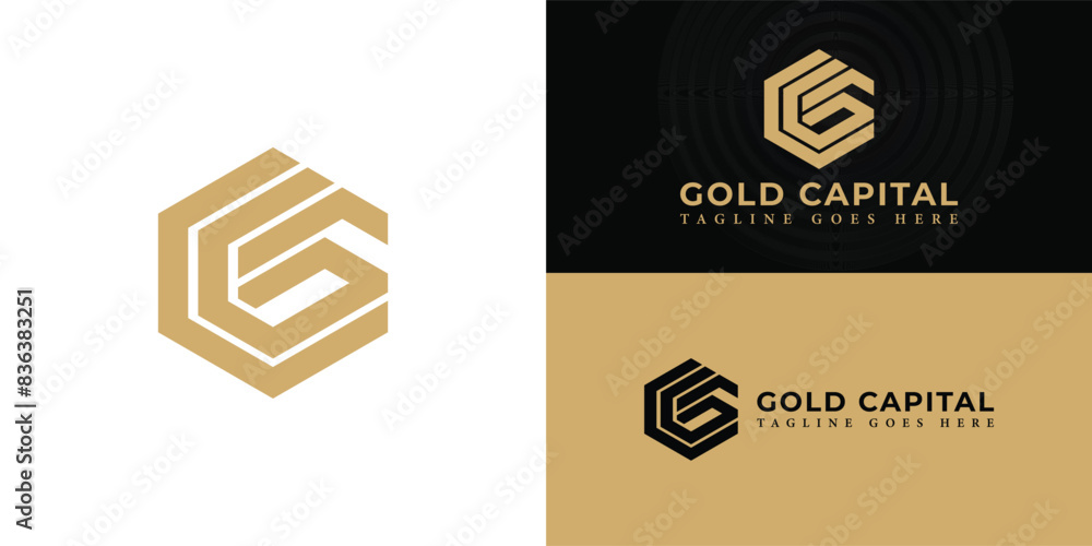 Poster abstract initial hexagon letters gc or cg logo in gold color isolated on multiple background colors.