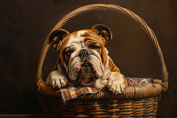 A painting of a dog in a basket