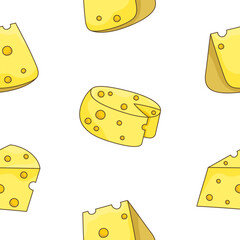 Slices and slicing of cheese. Seamless pattern. Parmesan, mozzarella, hollandaise, ricotta, a piece of different types. Hand style. Vector drawing. Design ornaments.