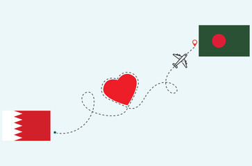 Flight and travel concept from Bahrain to Bangladesh airplane travel Heart concept flags design