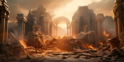 Violence devastates historic temple, leaving ruins and cultural artifacts lost. Concept Historic temple destruction, Loss of cultural artifacts, Ruins after violence, Heritage in peril