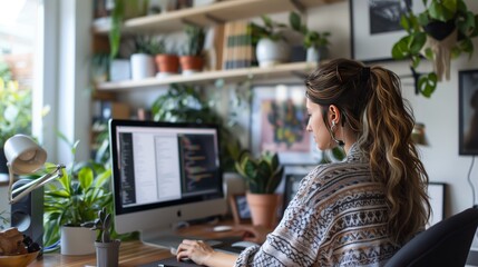 A female programmer codes in a minimalist, plant-filled home office with inspiring, artistic decor.