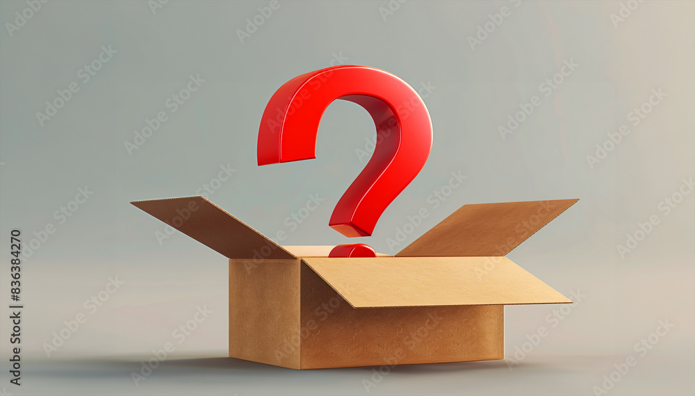 Aufkleber a box with a red question mark on top of it. red 3d question mark in cardbox