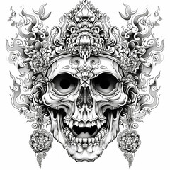 Ornate black and white skull tattoo design with intricate details. A striking and bold image perfect for tattoo art and gothic themes.
