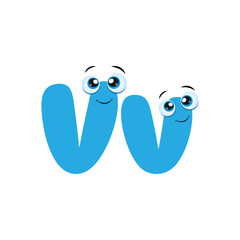 Alphabet Cute Blue letter V with eyes. Cute children ABC alphabet flash card with letter V for kids learning English vocabulary. 