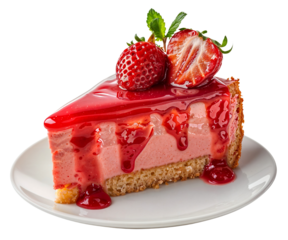 Strawberry cheesecake with red berry glaze on a white plate isolated on a transparent background