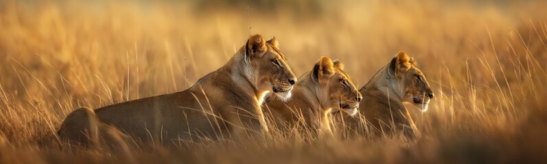 Naklejka premium lioness in dry grass field savannah landscape