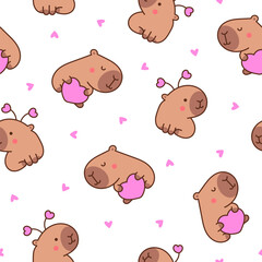 Cute cartoon kawaii capybara. Seamless pattern. Animal funny characters. Hand drawn style. Vector drawing. Design ornaments.