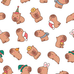 Cute cartoon kawaii capybara. Seamless pattern. Animal funny characters. Hand drawn style. Vector drawing. Design ornaments.