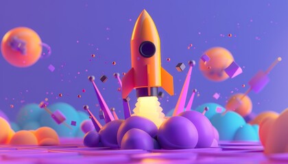 Naklejka premium Vibrant 3D illustration of an orange rocket launching among colorful geometric shapes and clouds on a purple background.