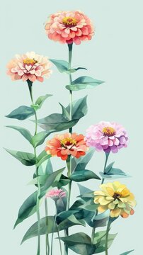 A watercolor illustration of a zinnia surrounded by a floral border, set against a light teal background