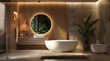 Modern bathroom with LED lighting, round mirror