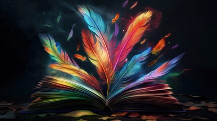 open magic knowledge book with colorful feathers plume nib, on black table background for overlay. pure imagination concept