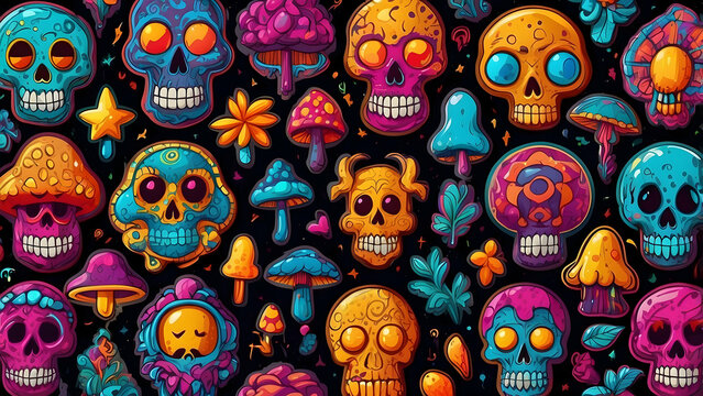 Colorful skulls and mushrooms pattern