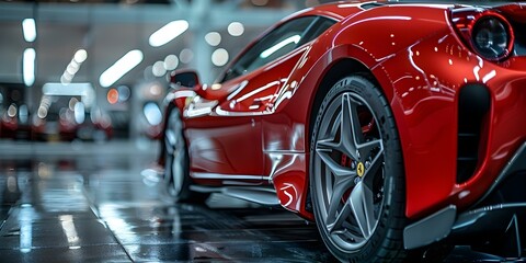 Closeup of a sleek red luxury sports car with modern design. Concept Luxury Sports Car, Closeup Shots, Modern Design, Sleek Red Exterior