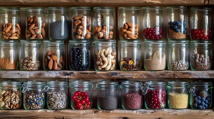Close-up of assorted seeds, nuts, and berries in glass jars on a rustic wooden shelf, showcasing textures.