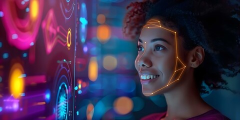 Customer engages with digital interface smiling warmly at personalized experience. Concept Customer Satisfaction, Personalized Experience, Digital Engagement, Positive Interaction, Warm Smiles