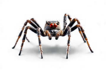 Macro shot of a fascinating jumping spider with striking red eyes and hairy legs, clear against a transparent, white background, png