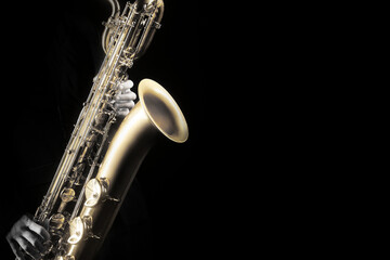 Saxophone player. Saxophonist playing sax baritone jazz music instrument