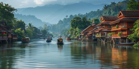Traditional Thai Houses by the River, generative ai - Powered by Adobe