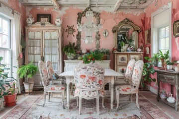 A bright Shabby Chic dining room with soft pink walls and light wood floors The room features a creamcolored dining table with floralpatterned chairs