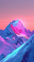 Majestic snow-covered mountains with neon sunset