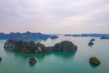 Aerial view of a bay surrounded by numerous islands in Thailand