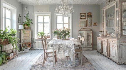 Bright vintage dining room with rustic furniture, chandelier, and greenery, creating a cozy and elegant atmosphere.