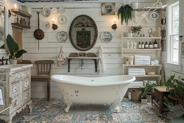 Charming rustic bathroom with vintage decor, clawfoot tub, plants, and wooden furniture. Bright and cozy, perfect for relaxation.