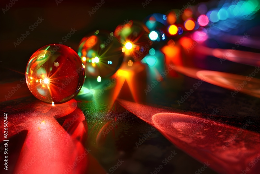 Poster a row of glass marbles with different colors, each one is lit up from within in the style of red lig