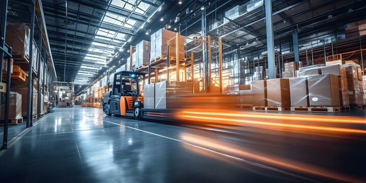 Blurry warehouse scene shows fastpaced logistics operations in action. Concept Logistics Operations, Blurry Warehouse Scene, Fast-Paced Environment, Action Shots