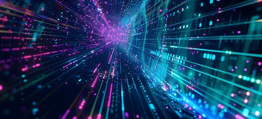 Obraz premium Abstract background with digital technology and artificial intelligence, a blue, purple and green color palette, a data flow wave pattern in the style of vector illustration design 