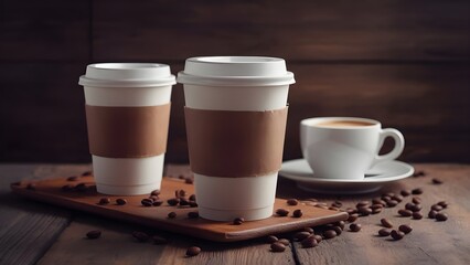 A set of 2 disposable coffee cups with ceramic coffee cup, Disposable coffee cup, coffee cup to go, coffee cup mockup, coffee cup drawing, paper coffee cup