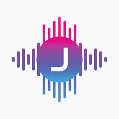 letter J Logo with Pulse music player element. Logo template electronic music, equalizer, dj, nightclub, disco. Audio wave logo concept, Multimedia