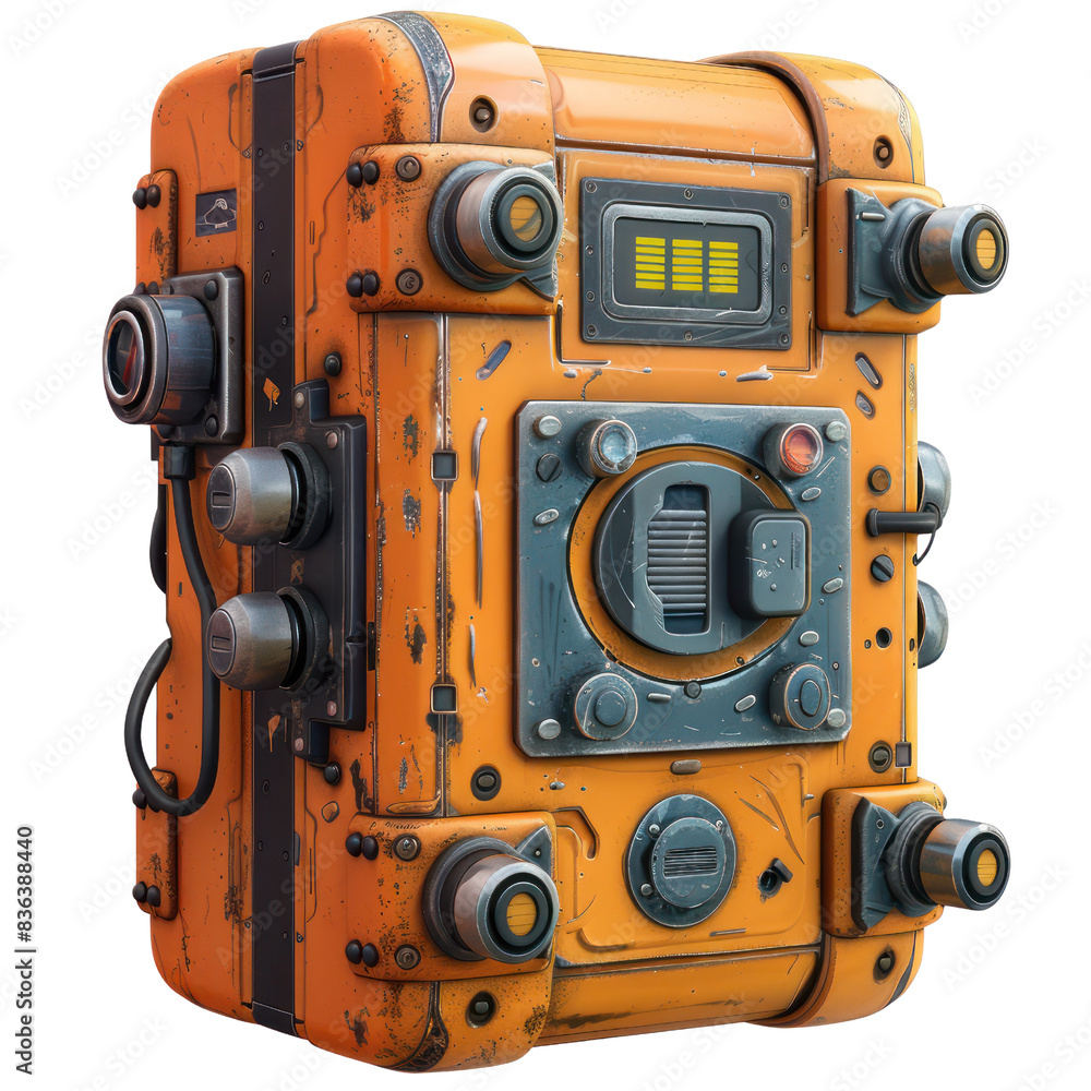 Poster high-tech orange device with intricate buttons and dials in a sci-fi steampunk design, showcasing ad