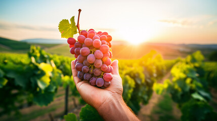 Bright close up photo of a hand holding bunch of grapes with grape field and sun on background