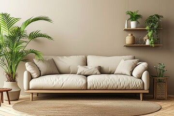 Domestic modern and cozy interior of living room with beige sofa, plants, shelf, coffee table, boucle rug, , side table, plant and elegant decoration Beige wall. Home decor.