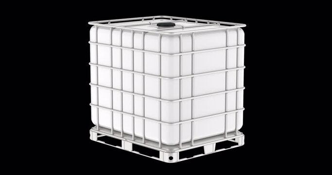 Intermediate bulk container with metallic cage rotation animation seamlessly loopable. 3D rendering isolated on transparent background